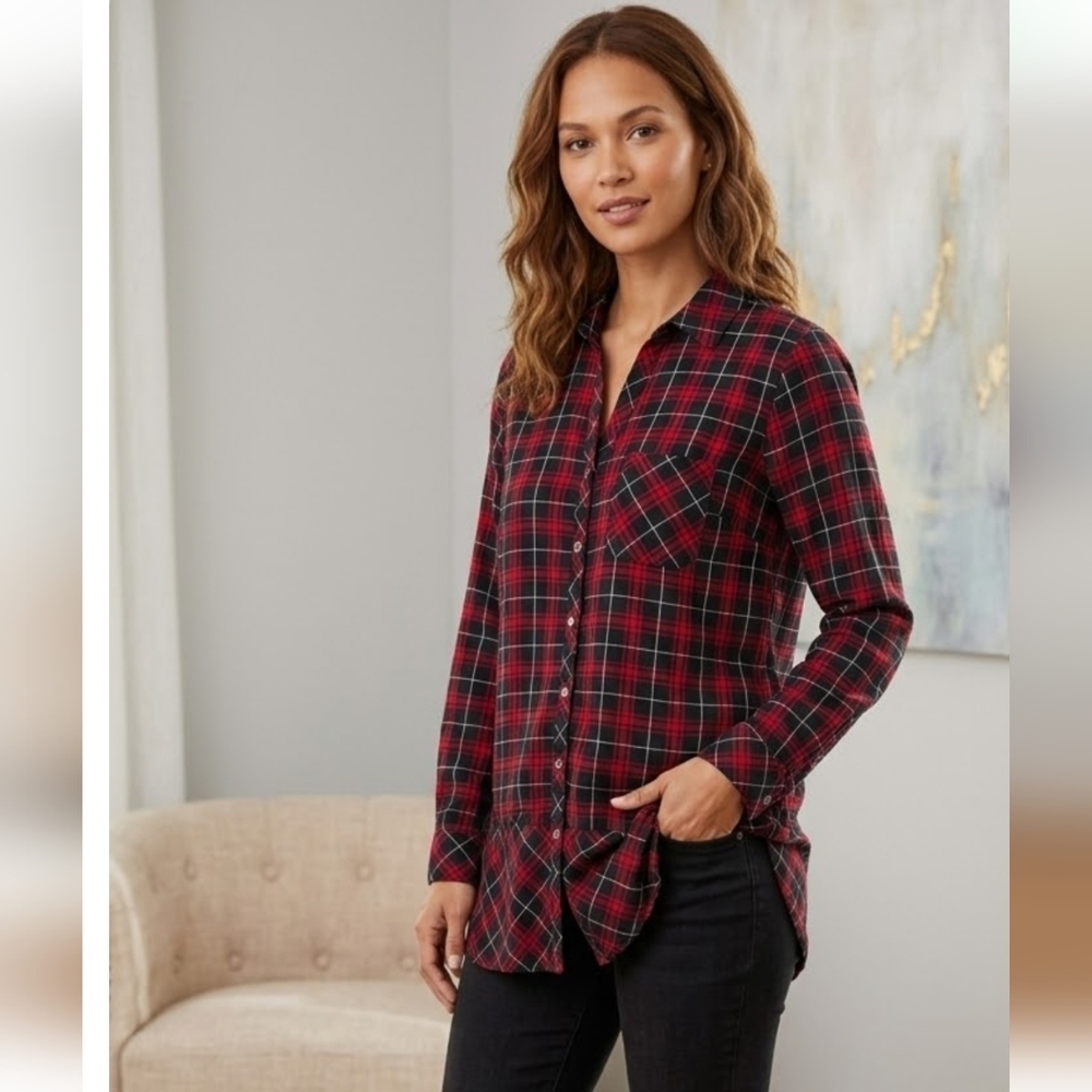 J. Jill Red and Black Plaid Button-Down  Shirt Sz S.